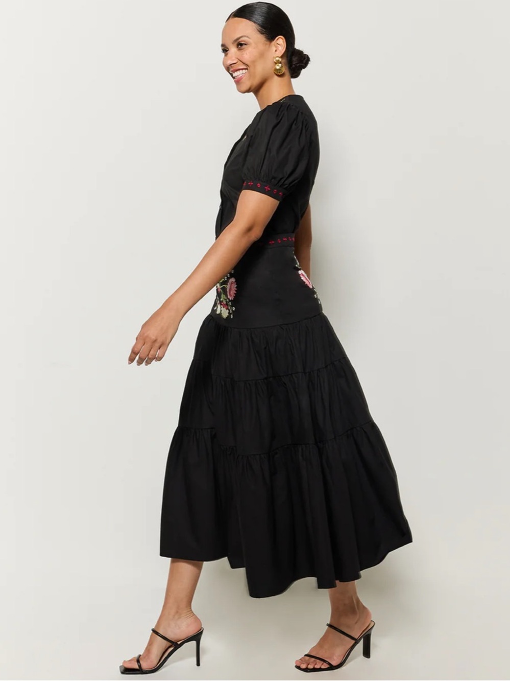 Fanm Mon Niger Set Midi Skirt & Blouse Embroidered Black Puff Sleeve Small NWT - Picture 3 of 14